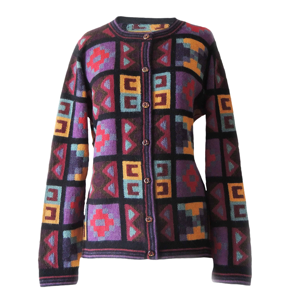 Women's alpaca cardigan model Pisac multicolor Intarsia knitted with geometric pattern. made in Peru by PFL knitwear Women's alpaca cardigan model Pisac multicolor Intarsia knitted with geometric pattern. made in Peru by PFL knitwear