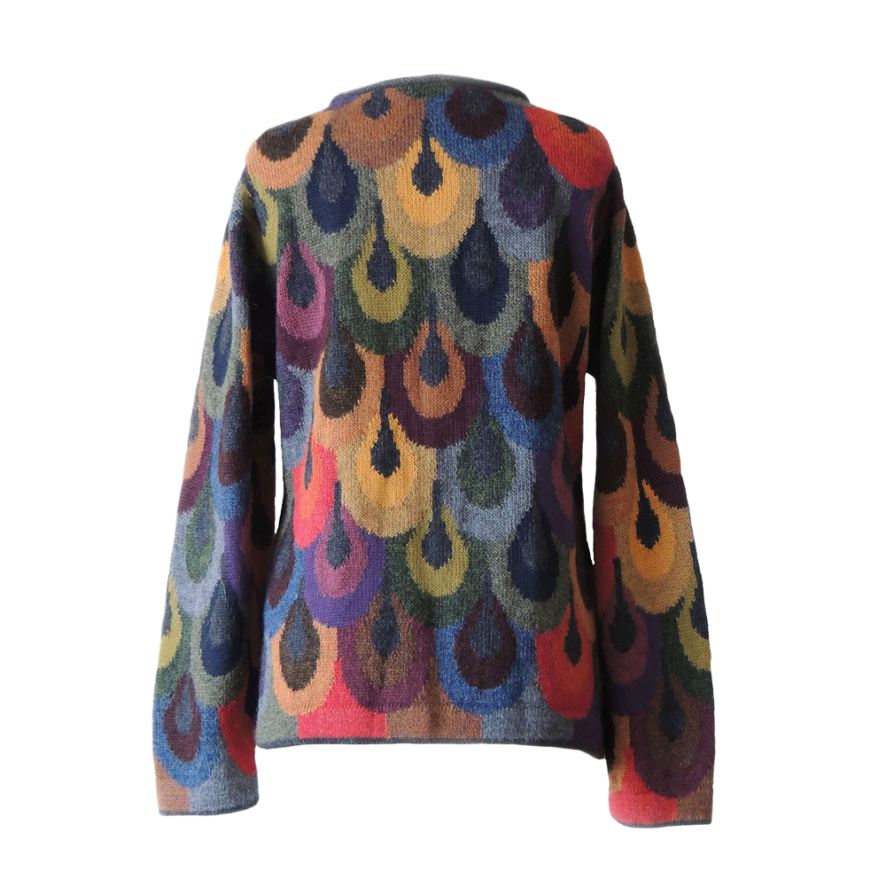 Women's alpaca cardigan peacock, multicolor Intarsia knitted with all over pattern. Made in Peru By PFL knitwear Women's alpaca cardigan peacock, multicolor Intarsia knitted with all over pattern. Made in Peru By PFL knitwear