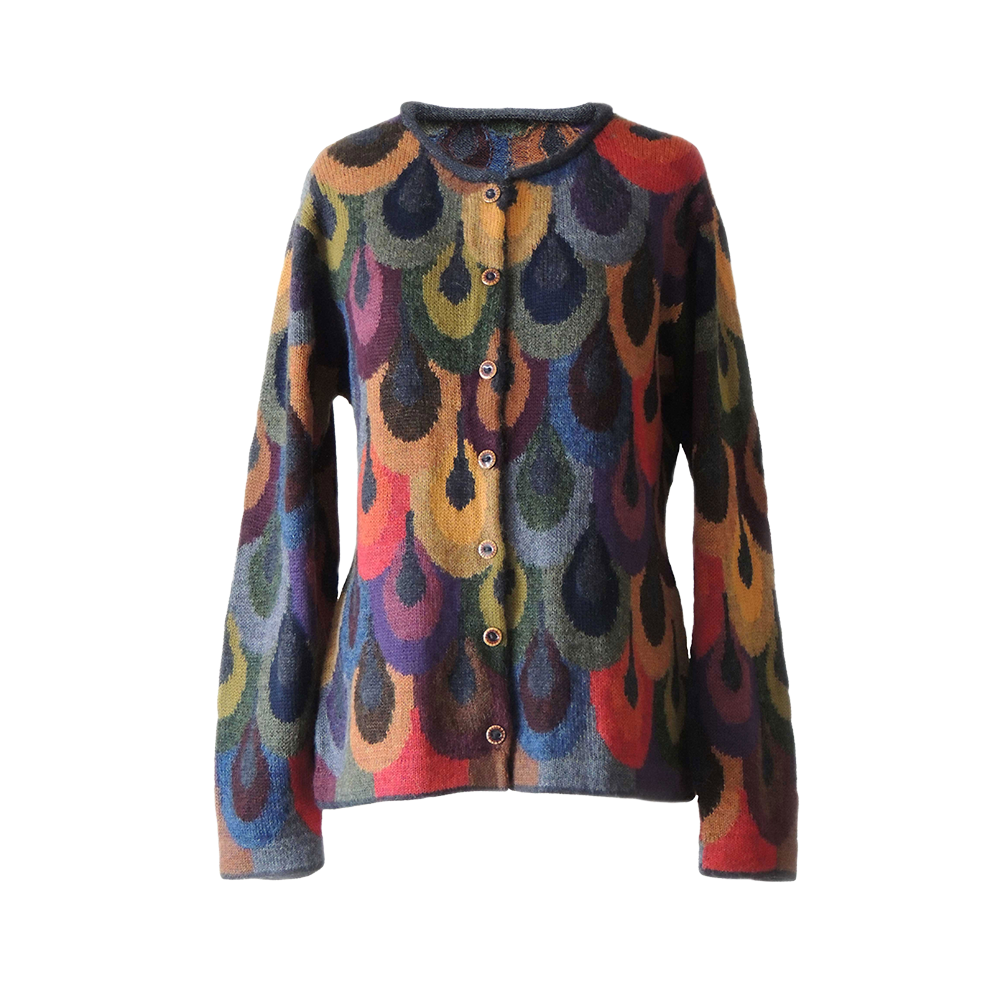 Women's alpaca cardigan peacock, multicolor Intarsia knitted with all over pattern. Made in Peru By PFL knitwear Women's alpaca cardigan peacock, multicolor Intarsia knitted with all over pattern. Made in Peru By PFL knitwear