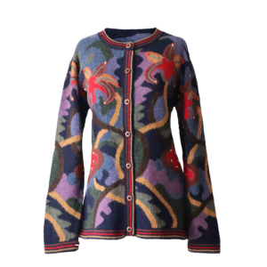 Women's alpaca cardigan Chinchero, multicolor Intarsia knitted with all over pattern. Made in Peru by PFL knitwear