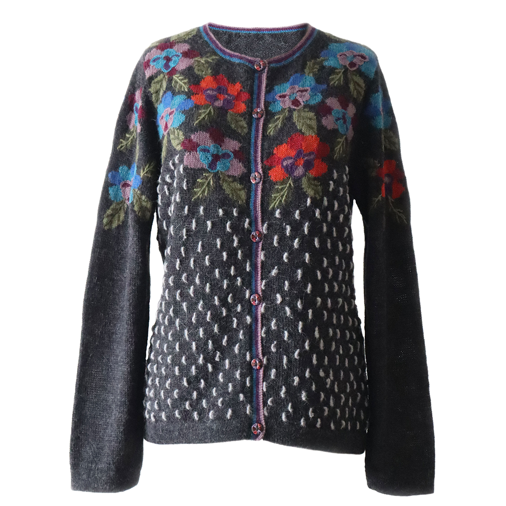 Women's alpaca cardigan nieve, multicolor Intarsia knitted with flower pattern. Made in Peru By PFL knitwear