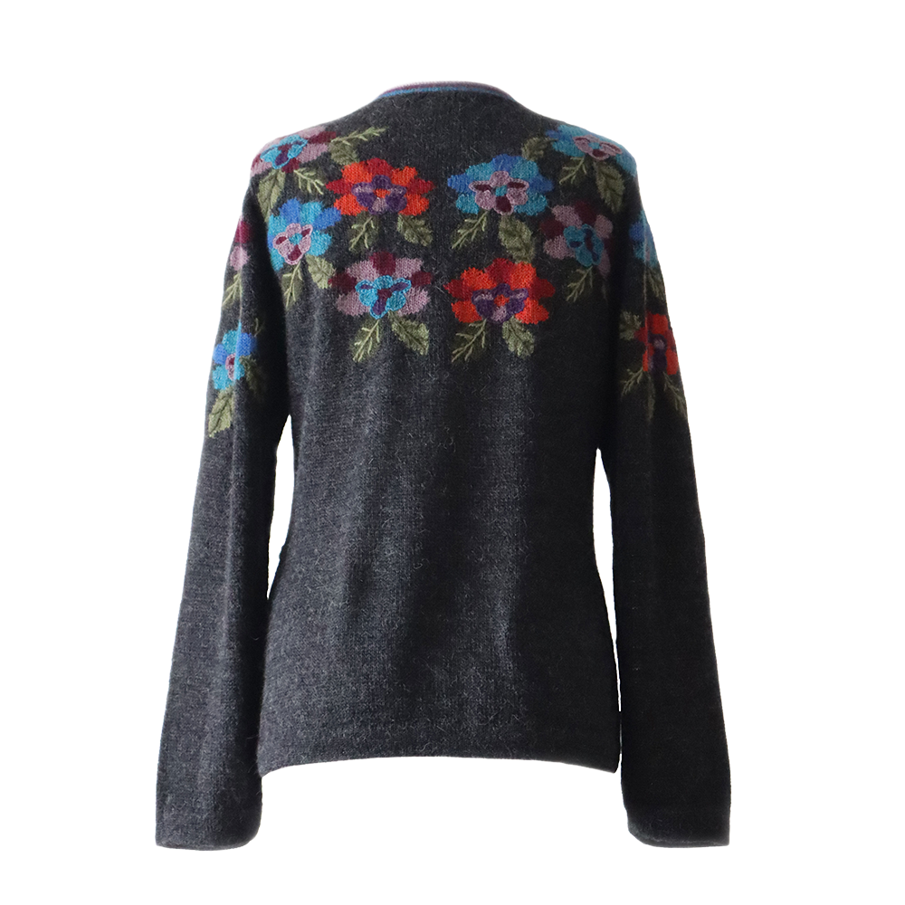 Women's alpaca cardigan nieve, multicolor Intarsia knitted with flower pattern. Made in Peru By PFL knitwear Women's alpaca cardigan nieve, multicolor Intarsia knitted with flower pattern. Made in Peru By PFL knitwear