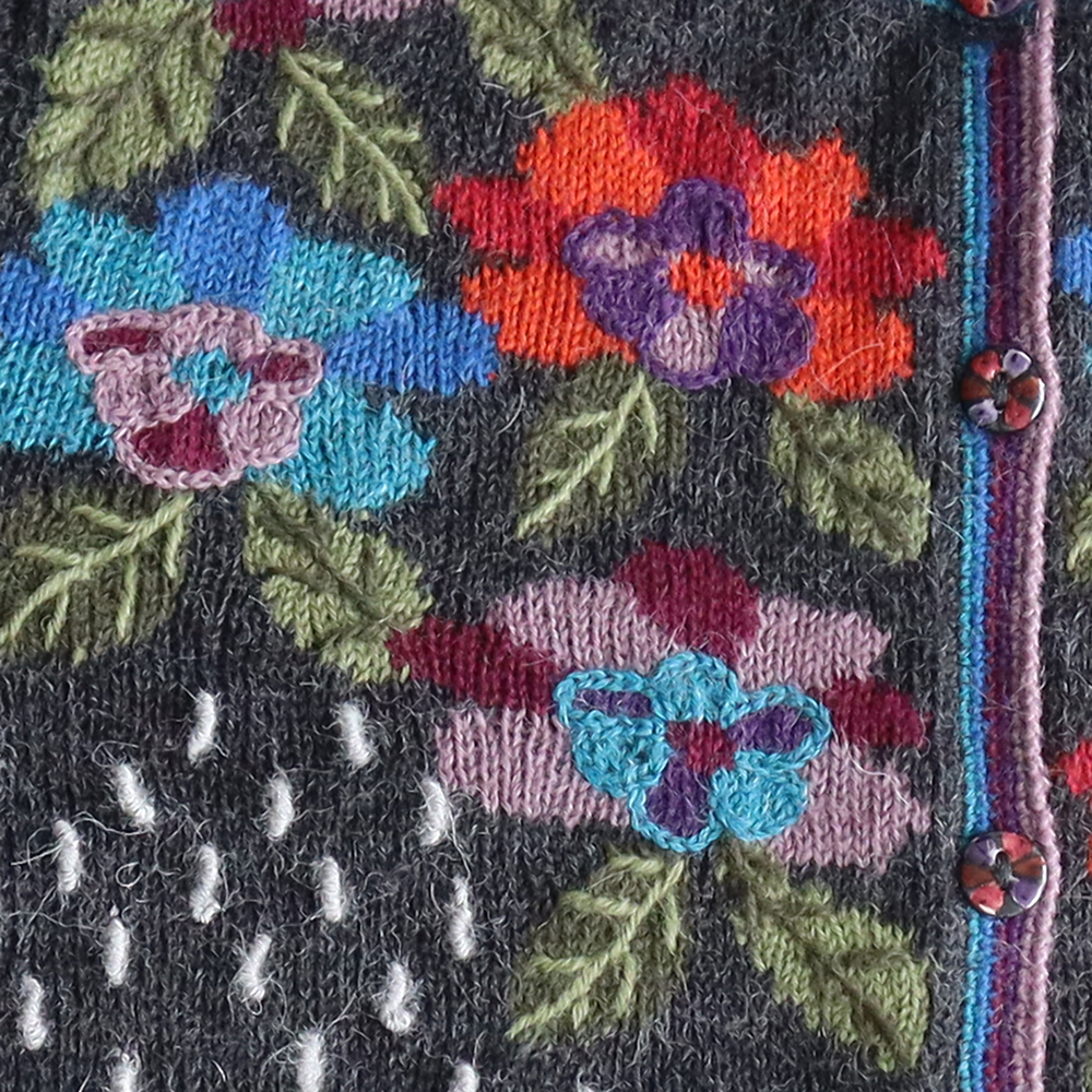 Women's alpaca cardigan nieve, multicolor Intarsia knitted with flower pattern. Made in Peru By PFL knitwear Women's alpaca cardigan nieve, multicolor Intarsia knitted with flower pattern. Made in Peru By PFL knitwear