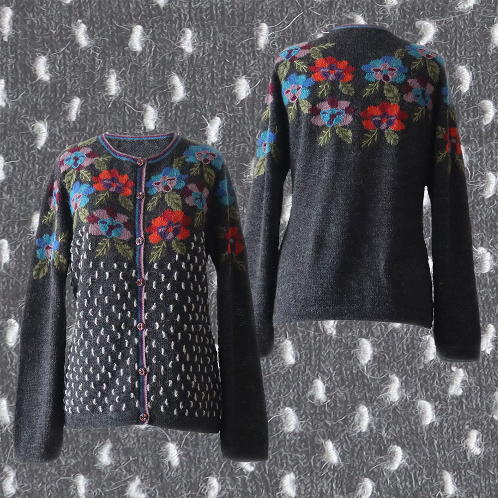 Women's alpaca cardigan nieve, multicolor Intarsia knitted with flower pattern. Made in Peru By PFL knitwear Women's alpaca cardigan nieve, multicolor Intarsia knitted with flower pattern. Made in Peru By PFL knitwear