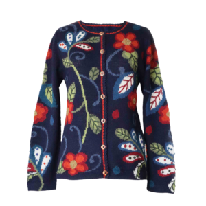 Women's alpaca cardigan model Chivay, intarsia knitted,  and hand embroidered details 100% alpaca multi color with flower pattern. MADE IN PERU BY PFL knitwear