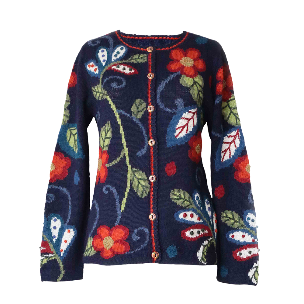 Women's alpaca cardigan model Chivay, intarsia knitted, and hand embroidered details 100% alpaca multi color with flower pattern. MADE IN PERU BY PFL knitwear Women's alpaca cardigan model Chivay, intarsia knitted, and hand embroidered details 100% alpaca multi color with flower pattern. MADE IN PERU BY PFL knitwear