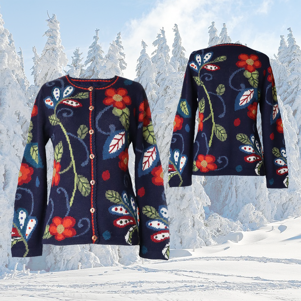 Women's alpaca cardigan model Chivay, intarsia knitted, and hand embroidered details 100% alpaca multi color with flower pattern. MADE IN PERU BY PFL knitwear Women's alpaca cardigan model Chivay, intarsia knitted, and hand embroidered details 100% alpaca multi color with flower pattern. MADE IN PERU BY PFL knitwear