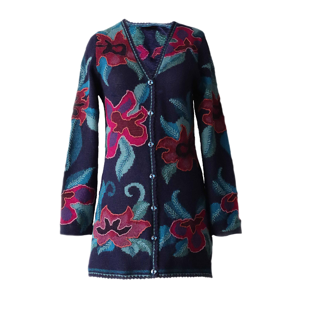 Women's alpaca cardigan Paclla, multicolor Intarsia knitted with flower pattern. Women's alpaca cardigan Paclla, multicolor Intarsia knitted with flower pattern.