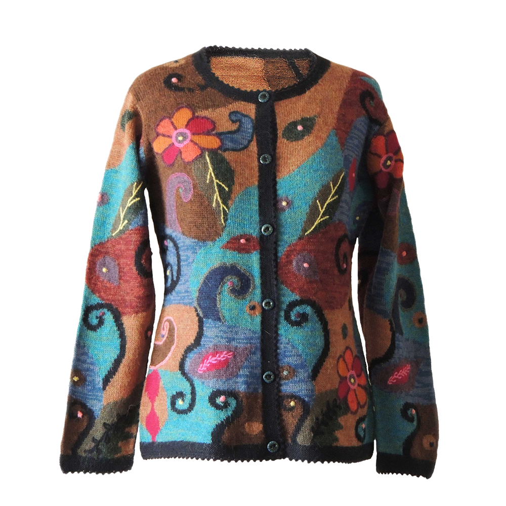 Women's alpaca cardigan Tinta, multicolor Intarsia knitted with flower pattern. Women's alpaca cardigan Tinta, multicolor Intarsia knitted with flower pattern.