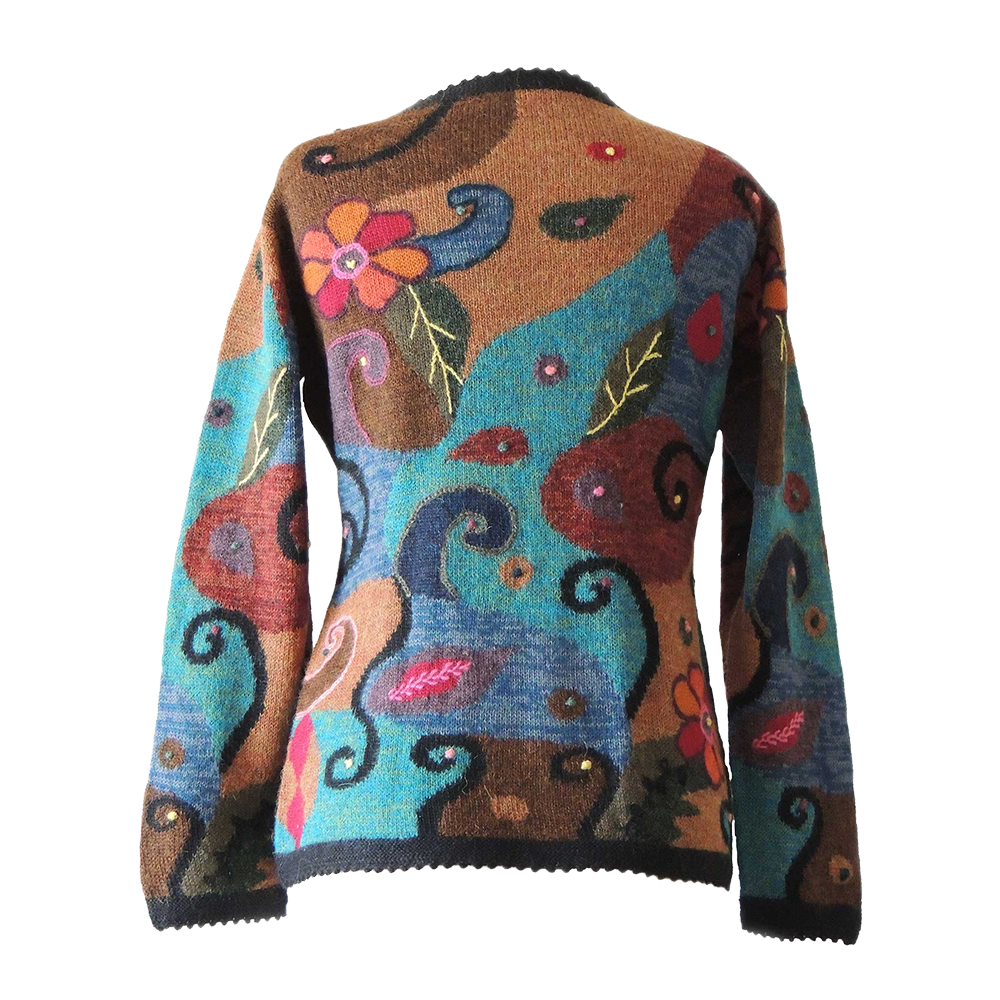 Women's alpaca cardigan Tinta, multicolor Intarsia knitted with flower pattern. Women's alpaca cardigan Tinta, multicolor Intarsia knitted with flower pattern.