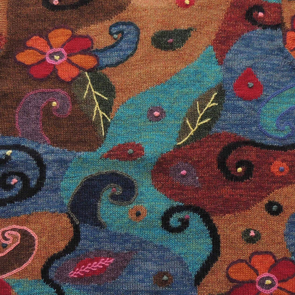 Women's alpaca cardigan Tinta, multicolor Intarsia knitted with flower pattern. Women's alpaca cardigan Tinta, multicolor Intarsia knitted with flower pattern.