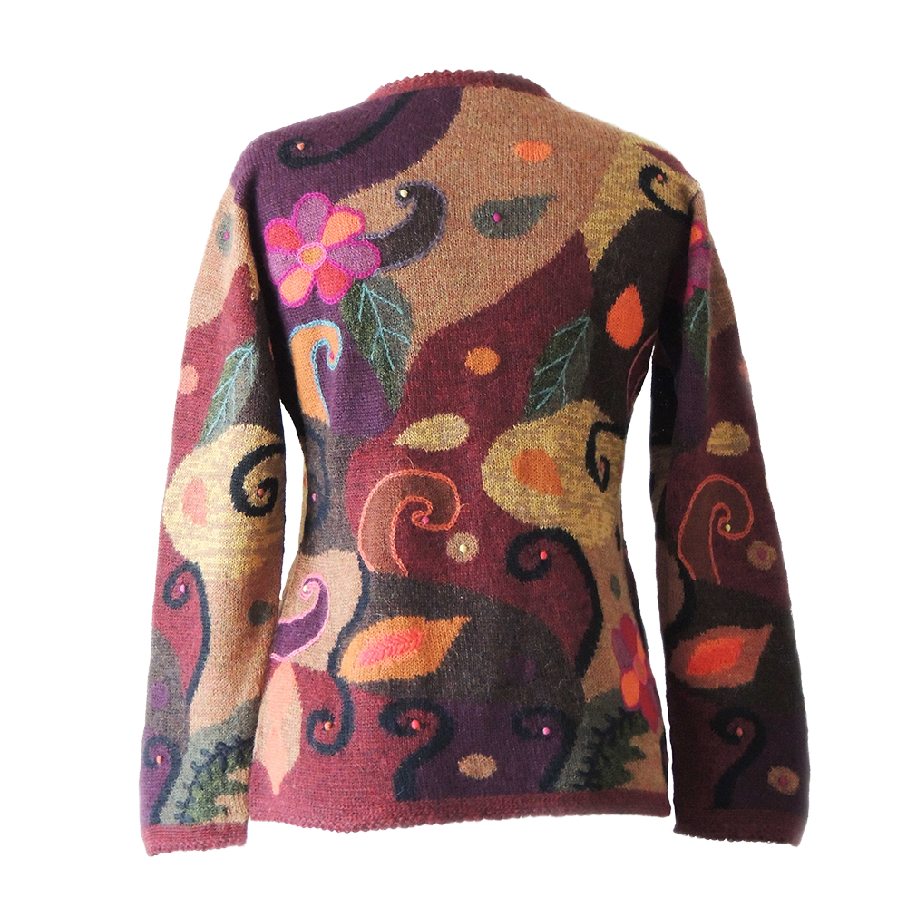 Women's alpaca cardigan Tinta, multicolor Intarsia knitted with flower pattern. Women's alpaca cardigan Tinta, multicolor Intarsia knitted with flower pattern.