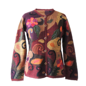 Women's alpaca cardigan Tinta, multicolor Intarsia knitted with flower pattern.