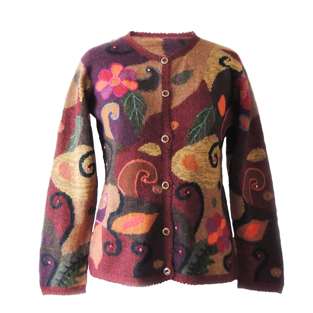 Women's alpaca cardigan Tinta, multicolor Intarsia knitted with flower pattern. Women's alpaca cardigan Tinta, multicolor Intarsia knitted with flower pattern.