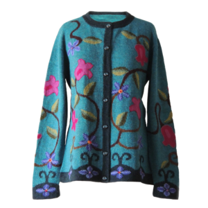 Women's alpaca cardigan Ingata, multicolor Intarsia knitted with flower pattern.