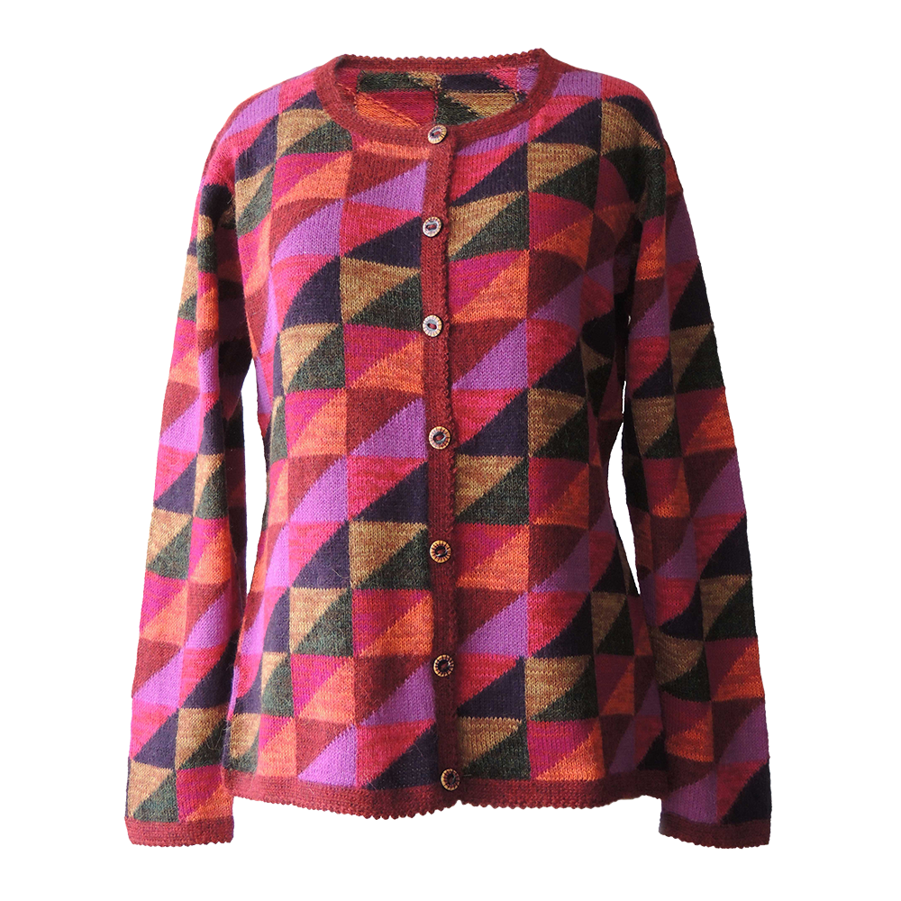 Women's alpaca cardigan Chipao, multicolor Intarsia knitted with graphic pattern. Women's alpaca cardigan Chipao, multicolor Intarsia knitted with graphic pattern.