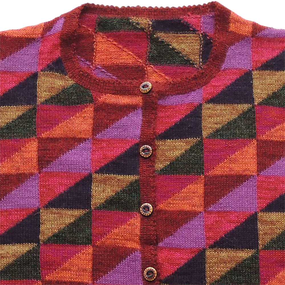 Women's alpaca cardigan Chipao, multicolor Intarsia knitted with graphic pattern. Women's alpaca cardigan Chipao, multicolor Intarsia knitted with graphic pattern.