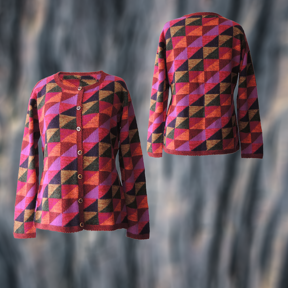 Women's alpaca cardigan Chipao, multicolor Intarsia knitted with graphic pattern. Women's alpaca cardigan Chipao, multicolor Intarsia knitted with graphic pattern.