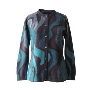 Women's alpaca cardigan Shirinta, multicolor Intarsia knitted with graphic pattern.