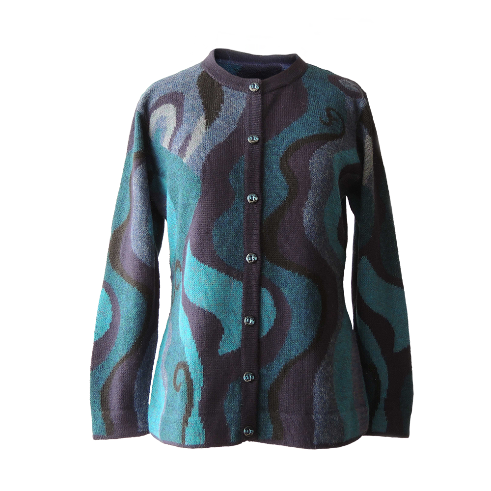 Women's alpaca cardigan Shirinta, multicolor Intarsia knitted with graphic pattern. Women's alpaca cardigan Shirinta, multicolor Intarsia knitted with graphic pattern.