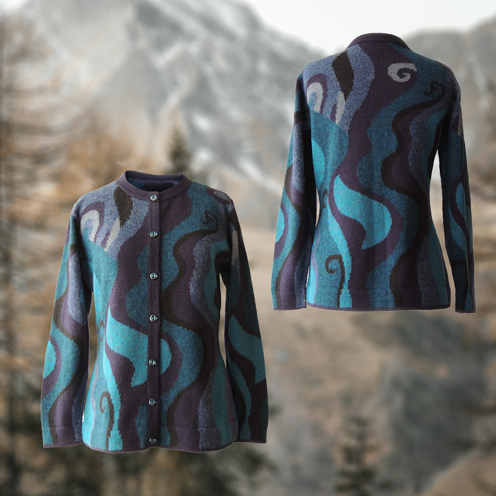 Women's alpaca cardigan Shirinta, multicolor Intarsia knitted with graphic pattern. Women's alpaca cardigan Shirinta, multicolor Intarsia knitted with graphic pattern.