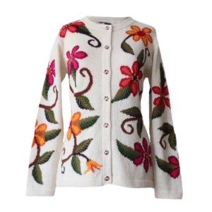 Women's alpaca cardigan Sayana, multicolor Intarsia knitted with flower pattern.