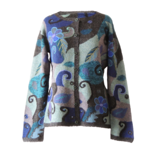 Women's alpaca cardigan Magdalena, multicolor Intarsia knitted with flower pattern.