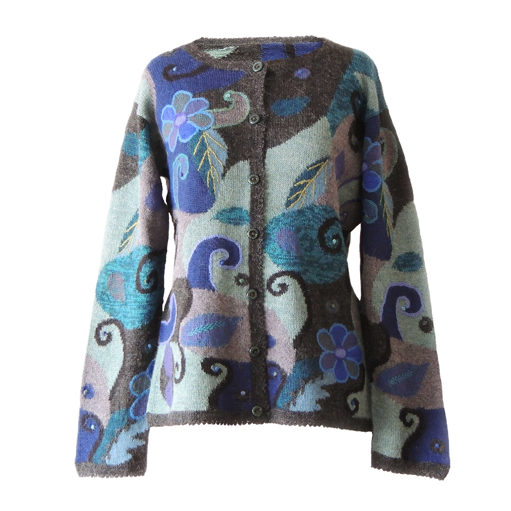 Women's alpaca cardigan Magdalena, multicolor Intarsia knitted with flower pattern. Women's alpaca cardigan Magdalena, multicolor Intarsia knitted with flower pattern.
