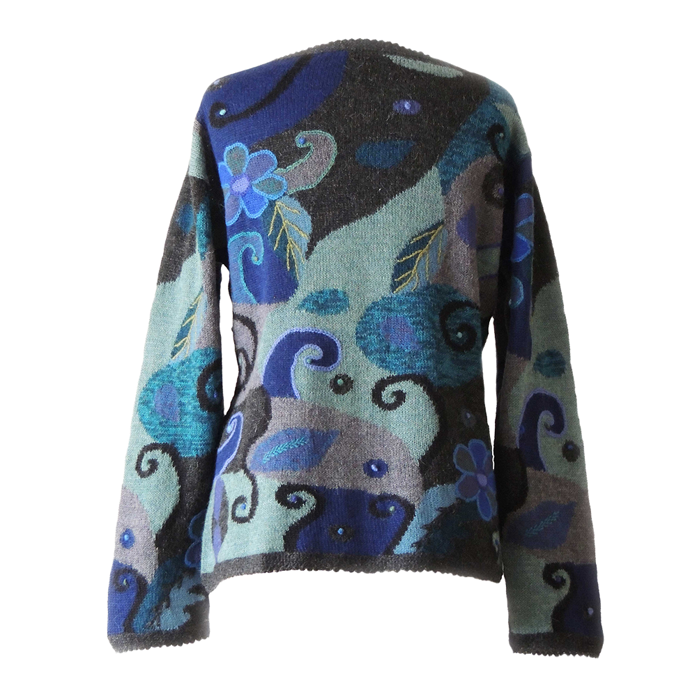 Women's alpaca cardigan Magdalena, multicolor Intarsia knitted with flower pattern. Women's alpaca cardigan Magdalena, multicolor Intarsia knitted with flower pattern.