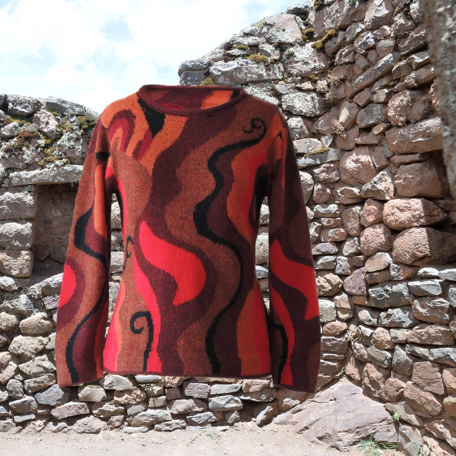 Women's alpaca sweater Tahua, multicolor Intarsia knitted with graphic pattern.