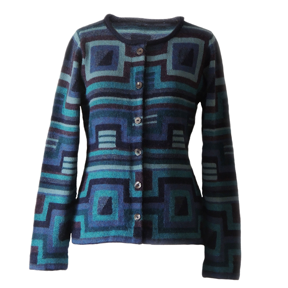 Women's alpaca cardigan Caiza, multicolor Intarsia knitted with flower pattern. Women's alpaca cardigan Caiza, multicolor Intarsia knitted with flower pattern.