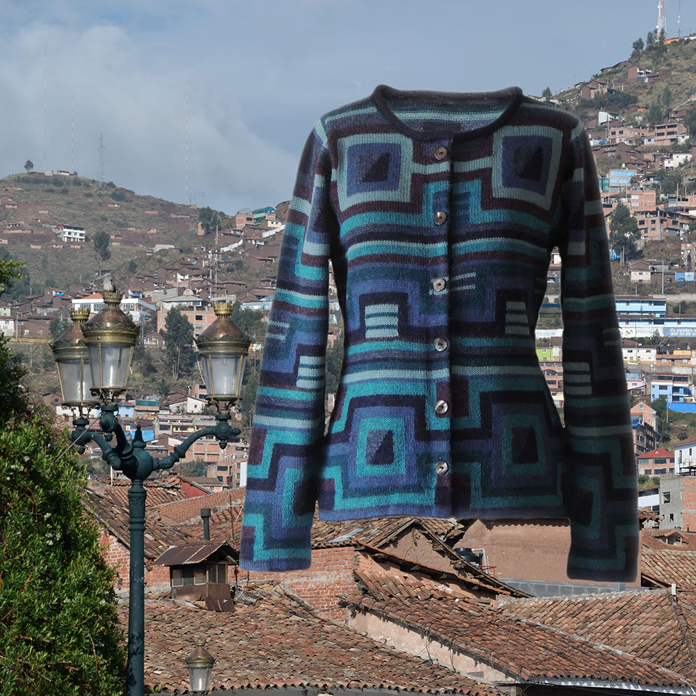 Women's alpaca cardigan Caiza, multicolor Intarsia knitted with flower pattern. Women's alpaca cardigan Caiza, multicolor Intarsia knitted with flower pattern.