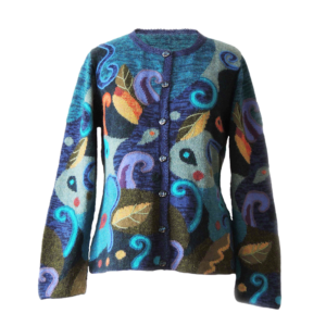 Women's alpaca cardigan Lonzana, multicolor Intarsia knitted with all over pattern.