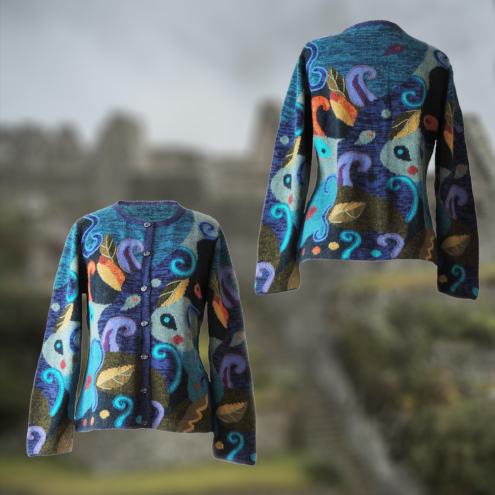 Women's alpaca cardigan Lonzana, multicolor Intarsia knitted with all over pattern.