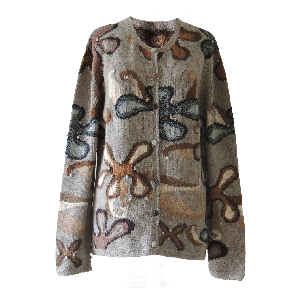 Women's alpaca cardigan Koasia, natural colors Intarsia knitted with flower pattern.