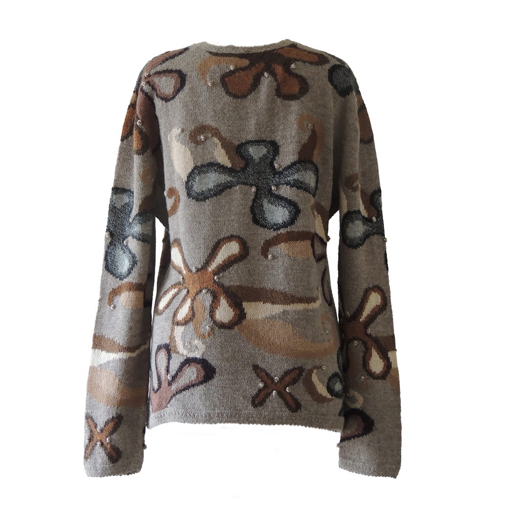 Women's alpaca cardigan Koasia, natural colors Intarsia knitted with flower pattern.