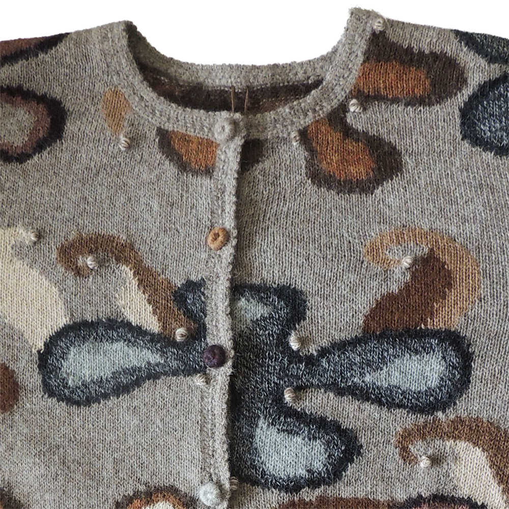 Women's alpaca cardigan Koasia, natural colors Intarsia knitted with flower pattern.