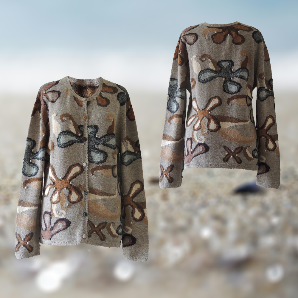 Women's alpaca cardigan Koasia, natural colors Intarsia knitted with flower pattern.