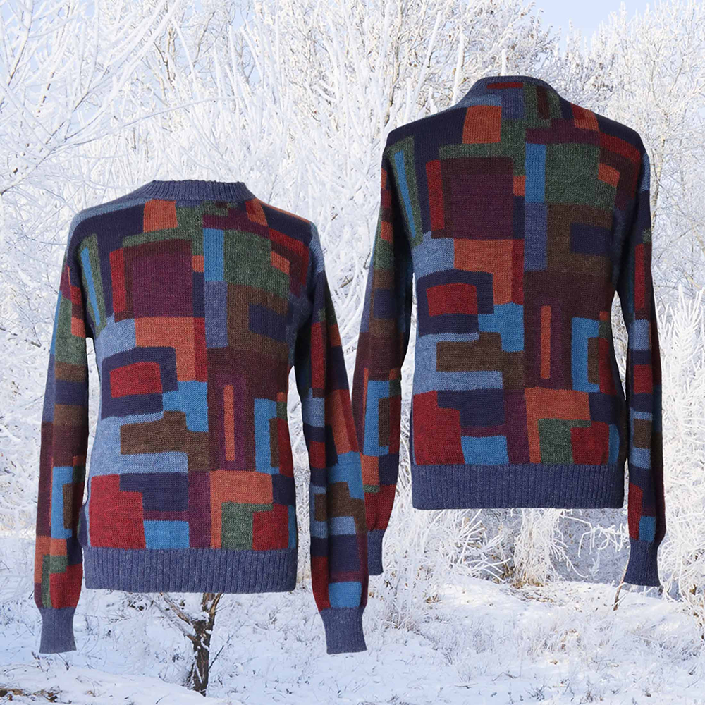 Men alpaca sweater multicolor Intarsia knitted with geometric pattern. Made in Peru by PFL knitwear