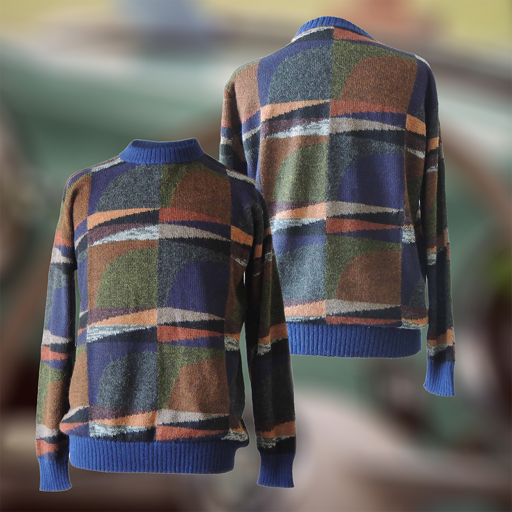 Men alpaca sweater multicolor Intarsia knitted with geometric pattern. Made in Peru by PFL knitwear