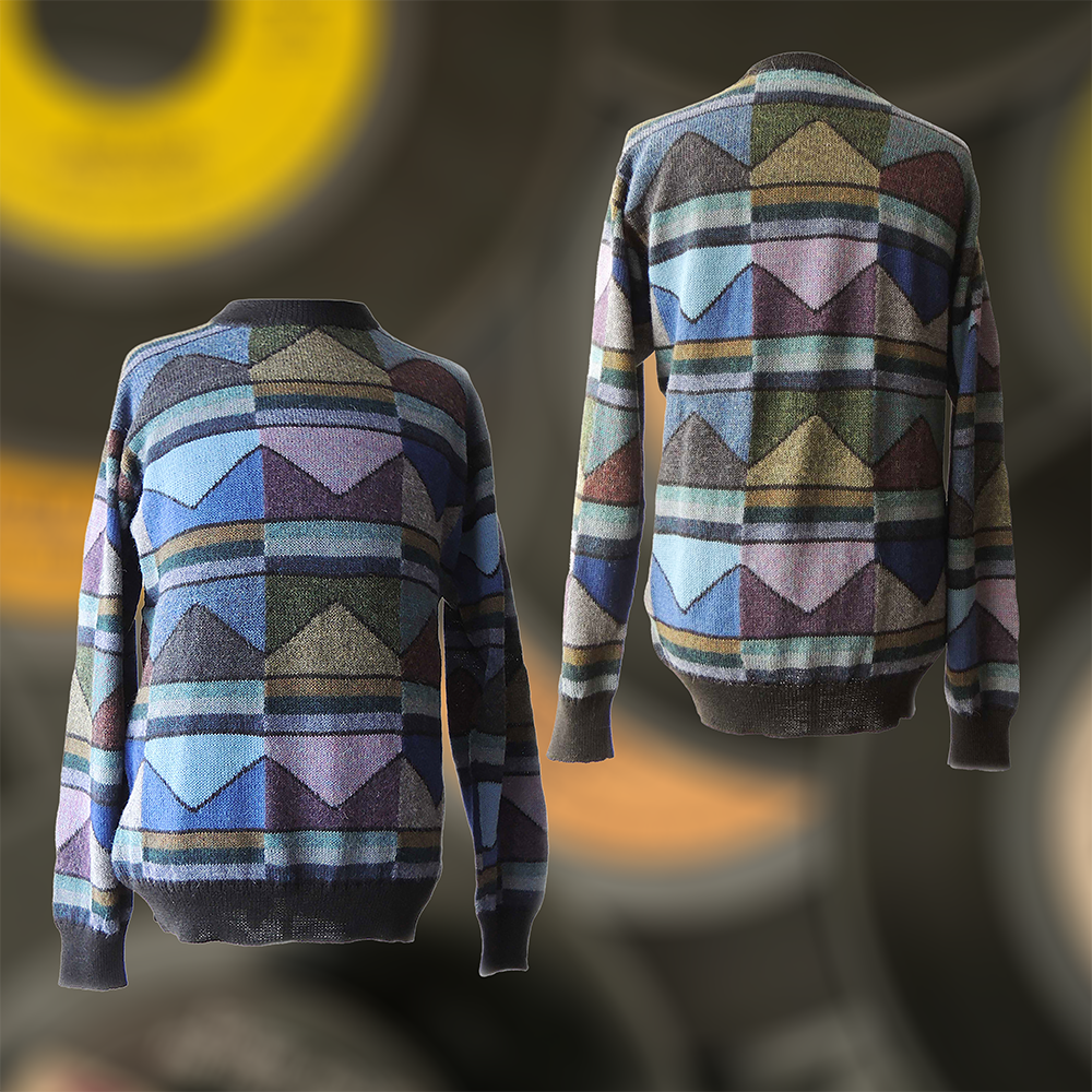 Men alpaca sweater multicolor Intarsia knitted with geometric pattern. made in Peru by PFL knitwear