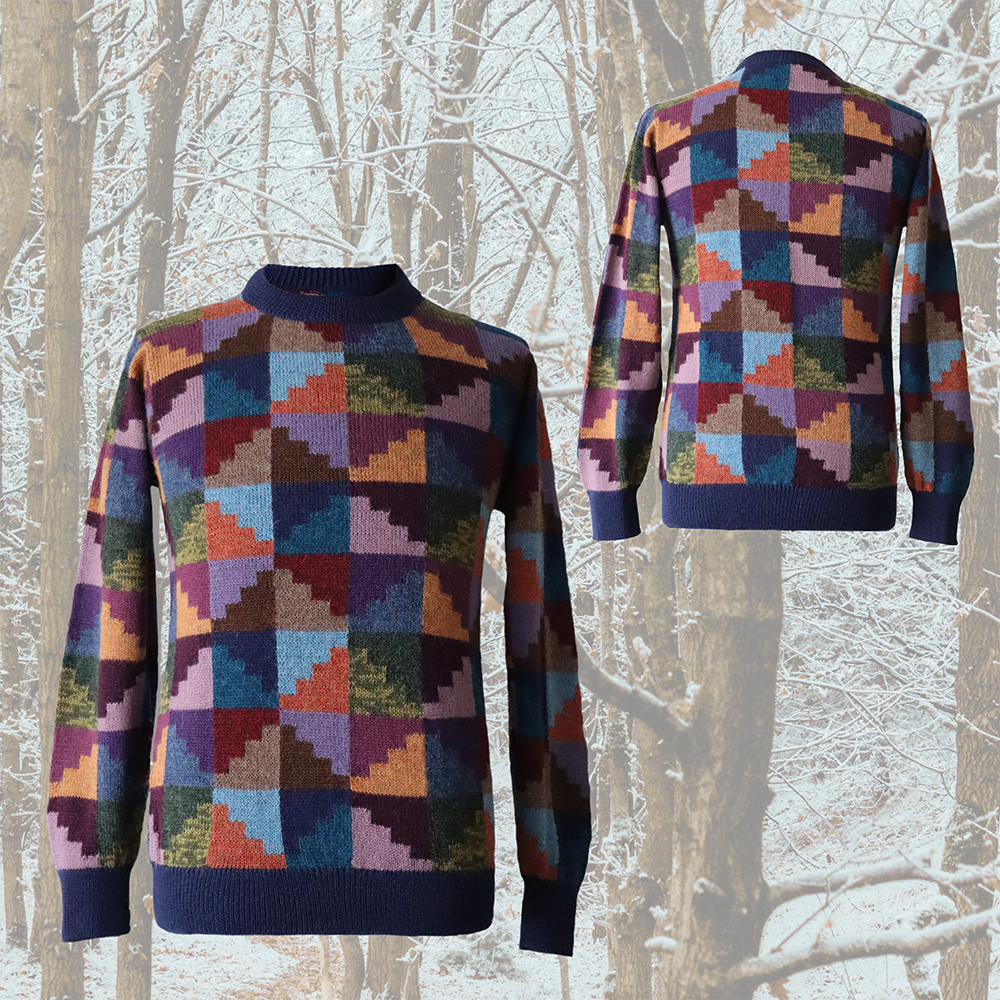 Men alpaca sweater multicolor Intarsia knitted with geometric pattern. Made in Peru by PFL knitwear