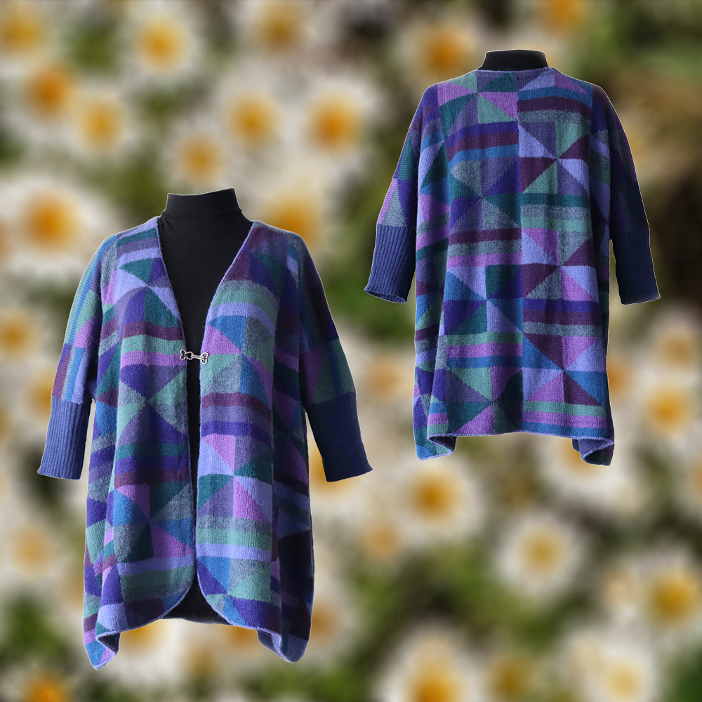 Women's wrap cardigan alpaca with 3 / 4 sleeves, graphic pattern. made in Peru by PFL knitwear