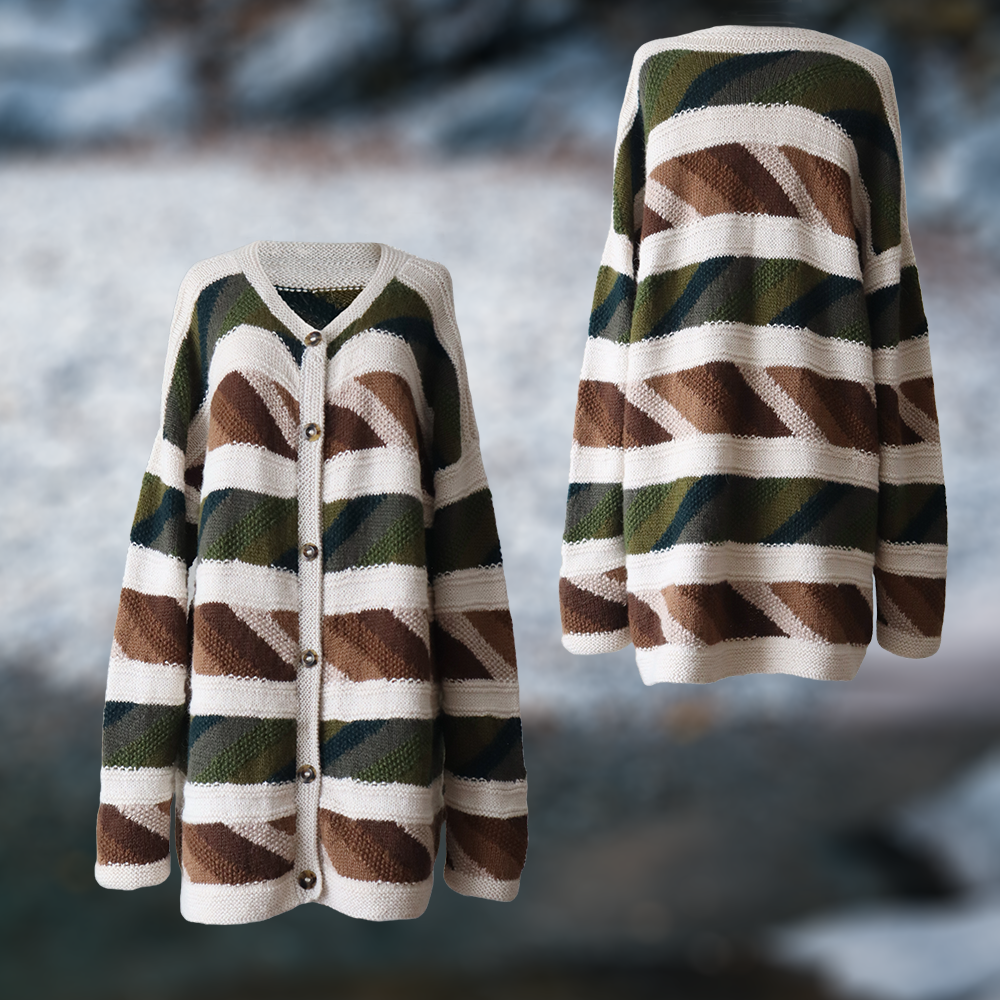 Women's alpaca cardigan Hand-Knitted Intarsia oversized with striped pattern. Made in Peru by PFL knitwear