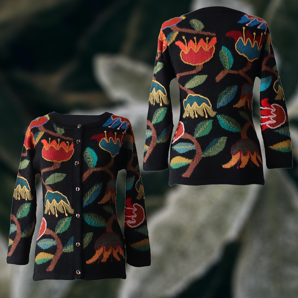 Women's cardigan alpaca intarsia knitted flower pattern. Made in Peru by PFL knitwear