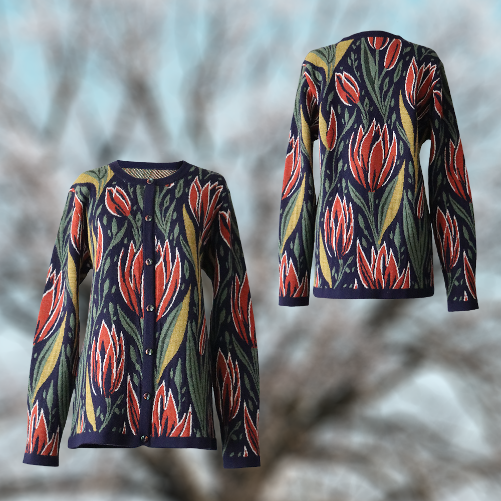 Women's alpaca cardigan with flower pattern, intarsia knitted. Made in Peru by PFL knitwear