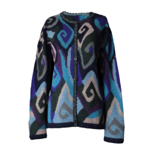 Women's alpaca cardigan multicolor Intarsia knitted with geometric pattern. made in Peru by PFL knitwear