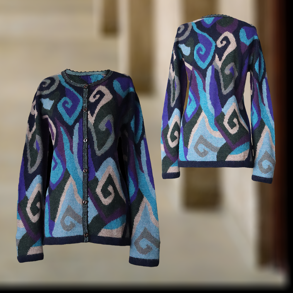 Women's alpaca cardigan multicolor Intarsia knitted with geometric pattern. made in Peru by PFL knitwear