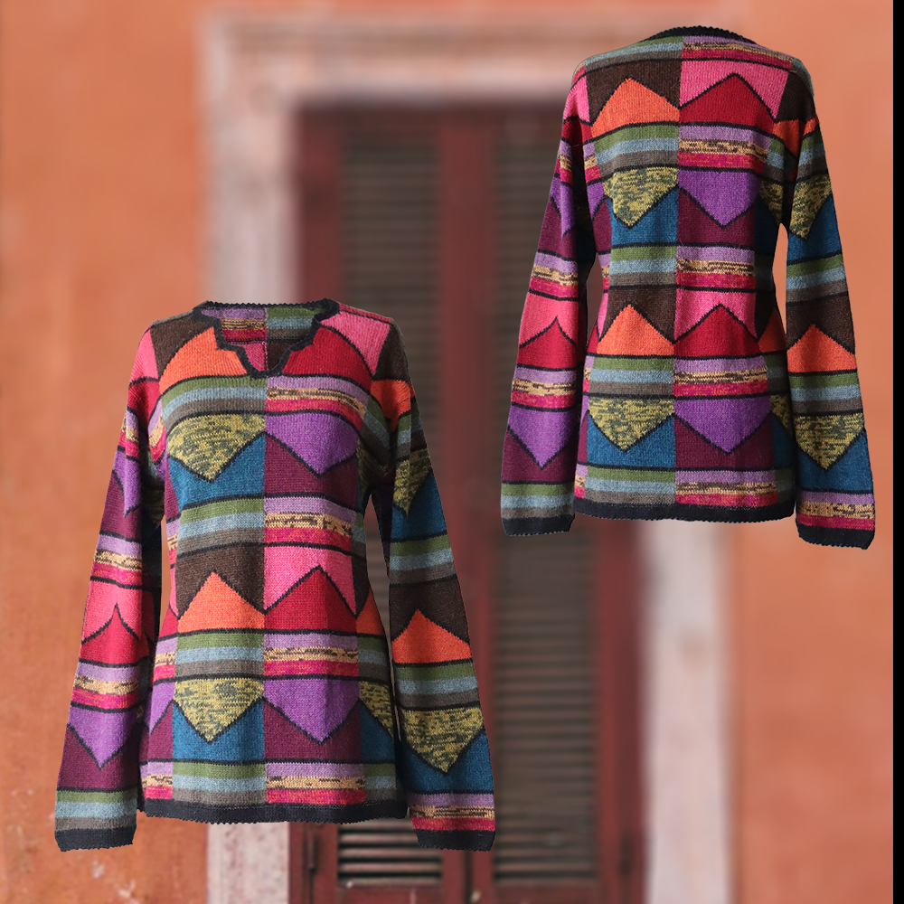 Women's Alpaca Sweater multicolor Intarsia knitted with Graphic Design. Made in Peru by PFL knitwear