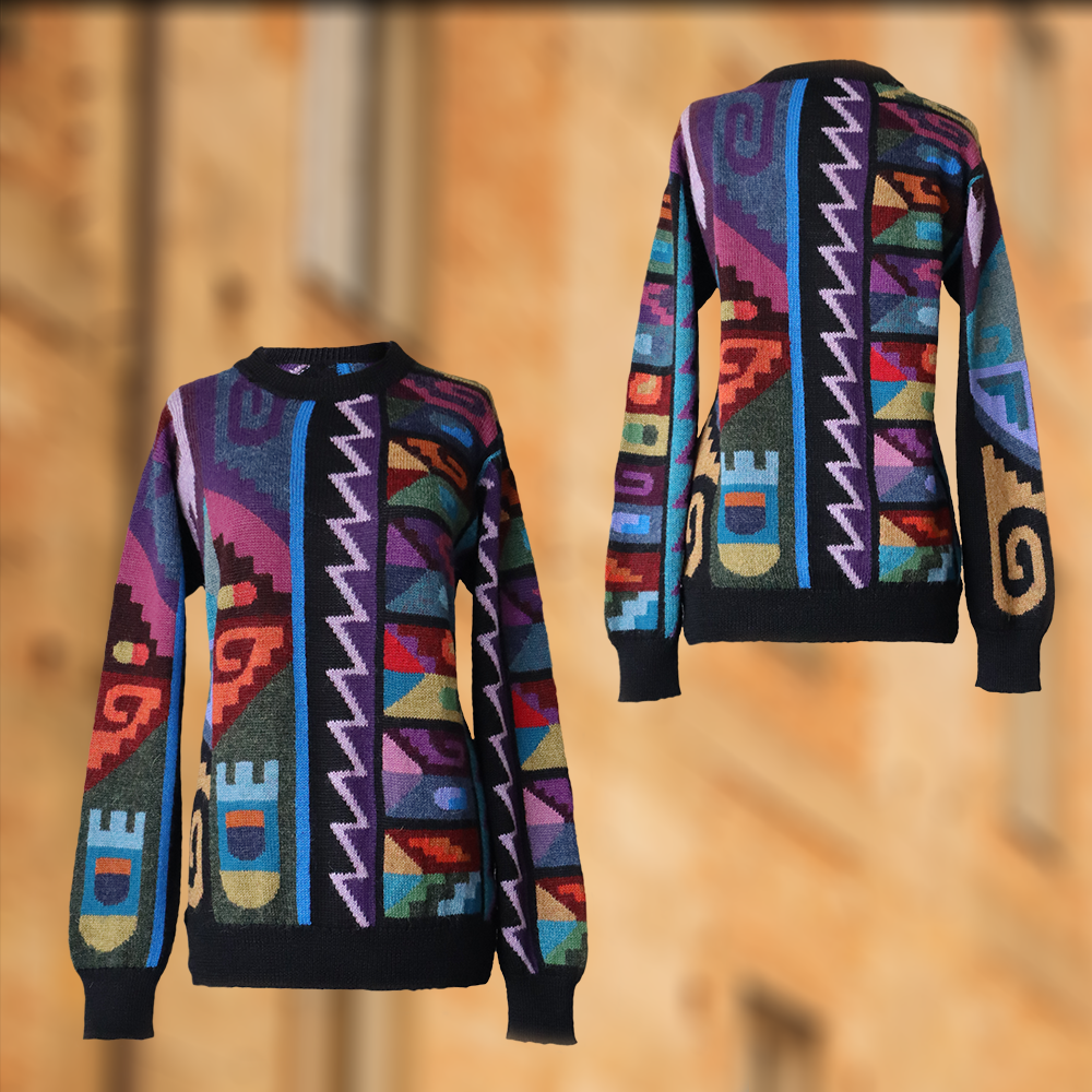 Unisex Alpaca Sweater Intarsia knitted with Graphic Design, multicolor Made in Peru by PFL knitwear